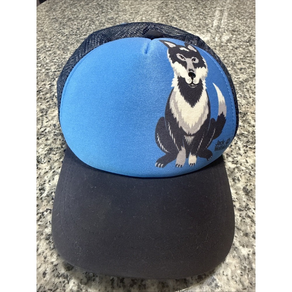 Jack Wolfskin Kids Blue Trucker's Cap Wolf On Cap Rare